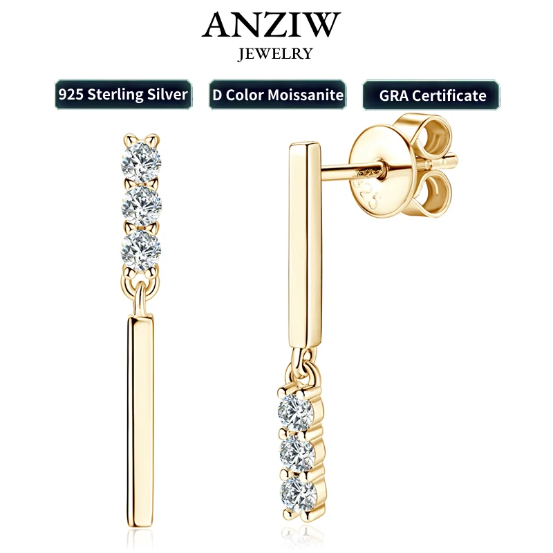 Anziw 2024 S925 Silver Studs Bar Drop Earrings 2mm D Moissanite Upper and Lower Staggered Piercing Earrings Women\'s Gift Jewelry