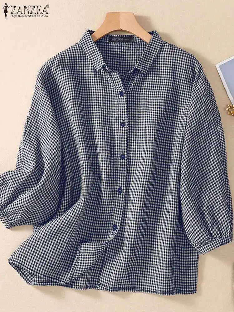 ZANZEA Women Casual Gingham Shirts Korean Fashion Elegant 3/4 Lantern Sleeve Turn-down Collar Camisas Commute Checked Blouses