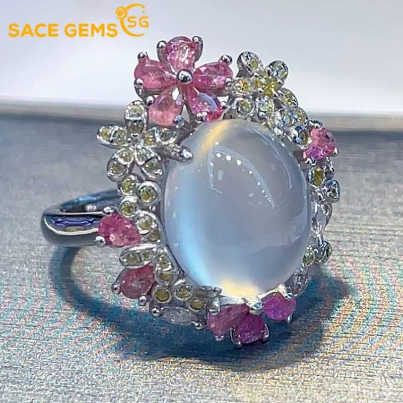 

SACEGEMS Fashion Resizable10*12MM Natural Moon Stone Rings for Women 925Sterling Silver Wedding Party Fine Jewelry Festival Gift