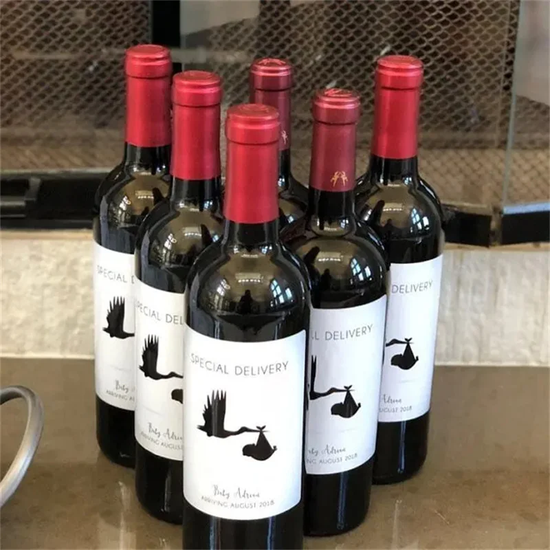 custom 10pcs Baby Announcement Wine Bottle Labels Special Delivery Stork Carrying a Baby Pregnancy Announcement bottle stickers