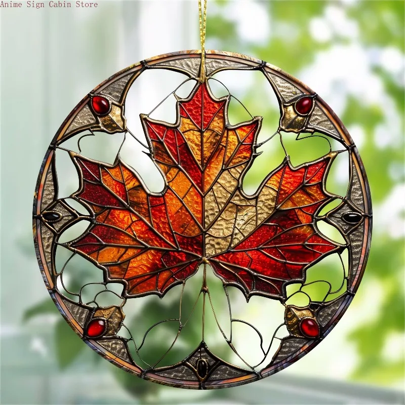 [2D Flat] One Item, Stylish Maple Leaf Glasses,Acrylic Sign,Round Decoration,Elegant Window,Porch,Wall Art for Home Room Decor view 3