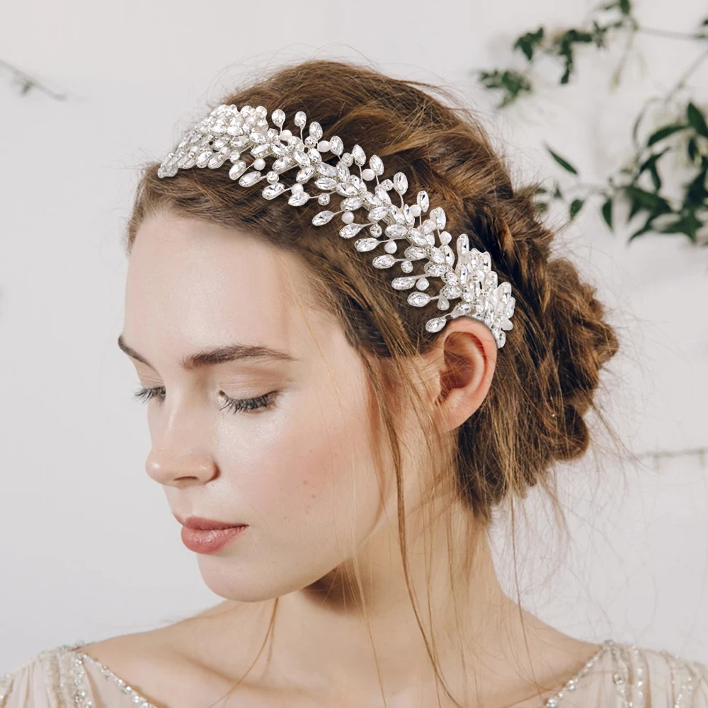 Pearl Hair Bands Women Hair Jewelry Rhinestone Headbands Women Tiara Wedding Headpieces for Bride Headband