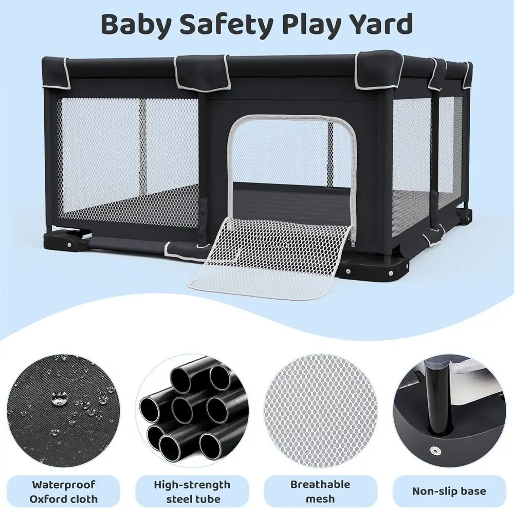 روضة أطفال محمولة قابلة للطي مع حصيرة للأطفال، ساحة لعب للأطفال الصغار بمقبضين (أسود، 50 × 50 بوصة)