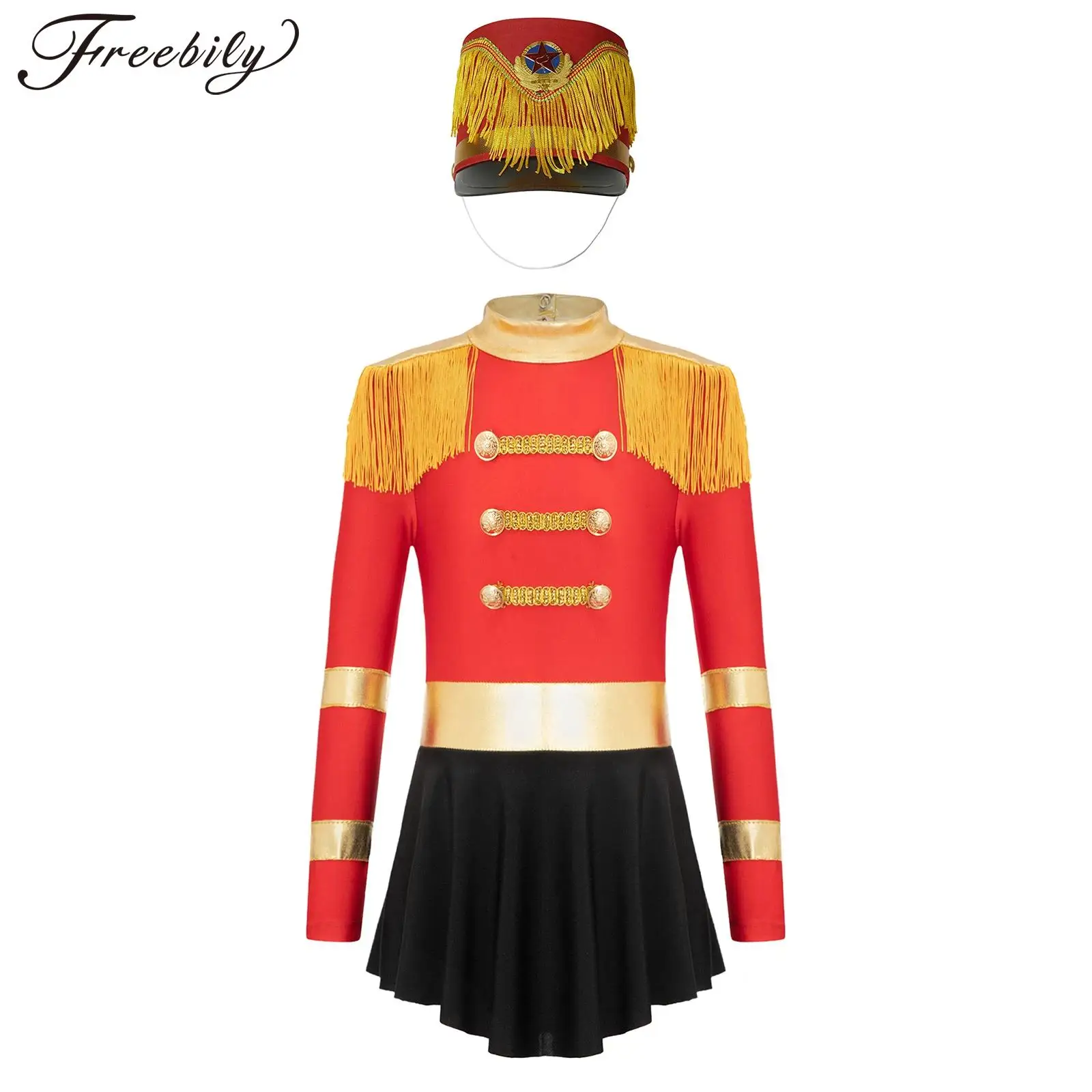 Girls Circus Ringmaster Cosplay Costume Marching Band Honor Guard Parade Performance Clothes Long Sleeve Leotard Dress with Hat