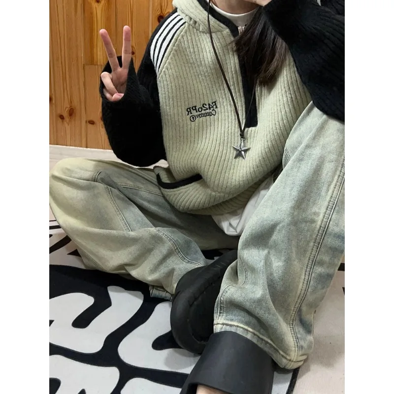 HOUZHOU Autumn Vintage Hooded Sweater Women Oversized Streetwear Aesthetic Korean Fashion Jumper Harajuku Pullover Y2k Grunge