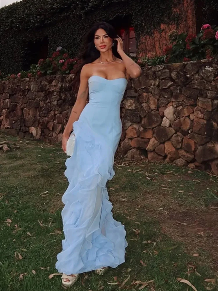 LAYXHS Elegant ชุดราตรีผู้หญิงสีฟ้า Strapless Tiered Ruffle ชุดราตรีที่กําหนดเอง robes de soirée