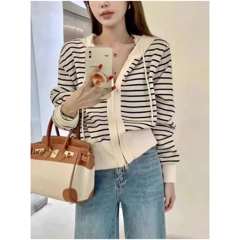 

New Hooded Knitted Cardigan For Women In Spring 2024 Striped Short Black And White Contrasting Hoodie Paired With Top And Jacket