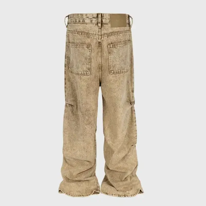 Men And Women High Street Deconstruct Wrinkle Twist Design Jeans Wide Leg Multi Size Denim Pants Trendy Safari Style