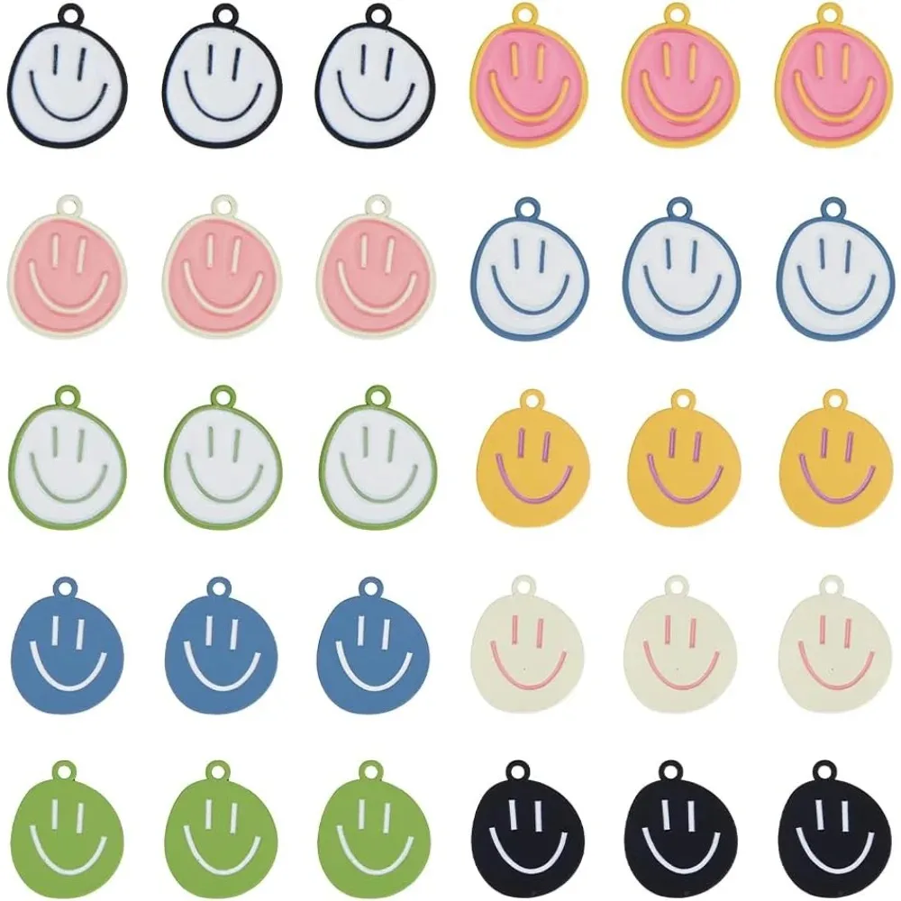 

50 шт., 10 цветов, подвески для лица, 24,5x20x1,2 мм, подвеска Happy Face, эмалированные подвески из сплава с плоским круглым набором для изготовления лица