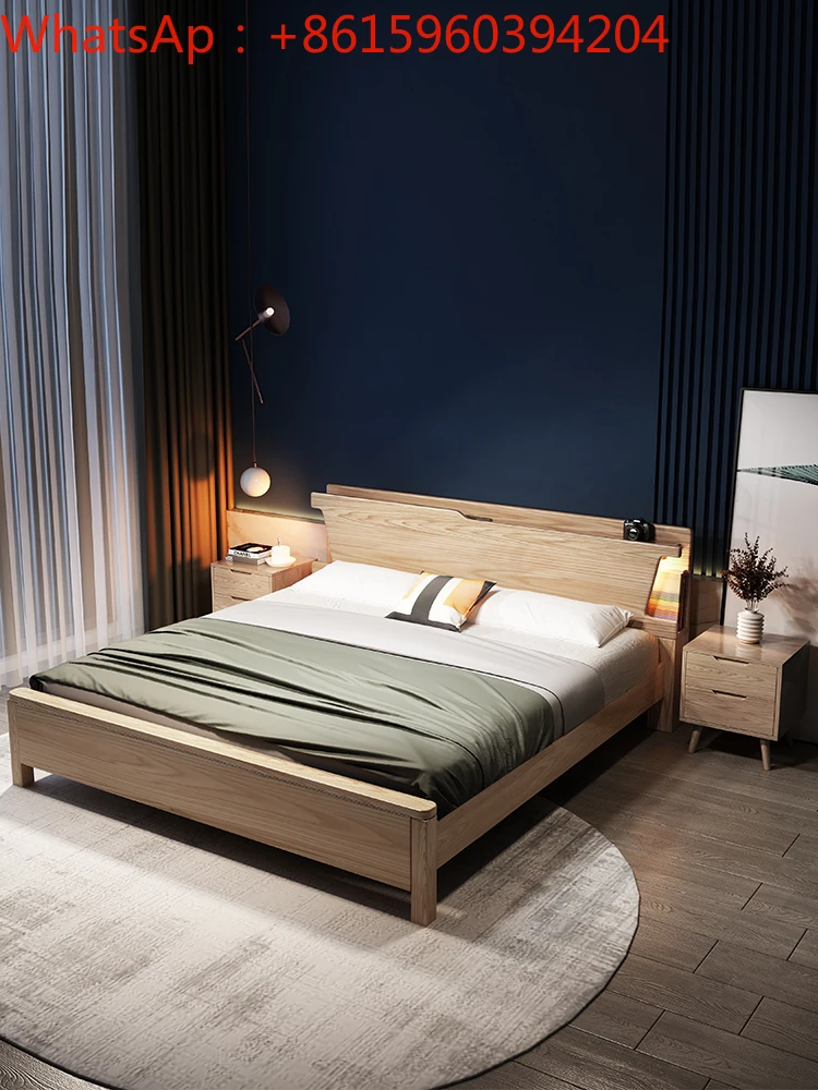 Fraxinus all-solid wood bedstead Modern minimalist double master bedroom light luxury Nordic 1.5m single high box storage.