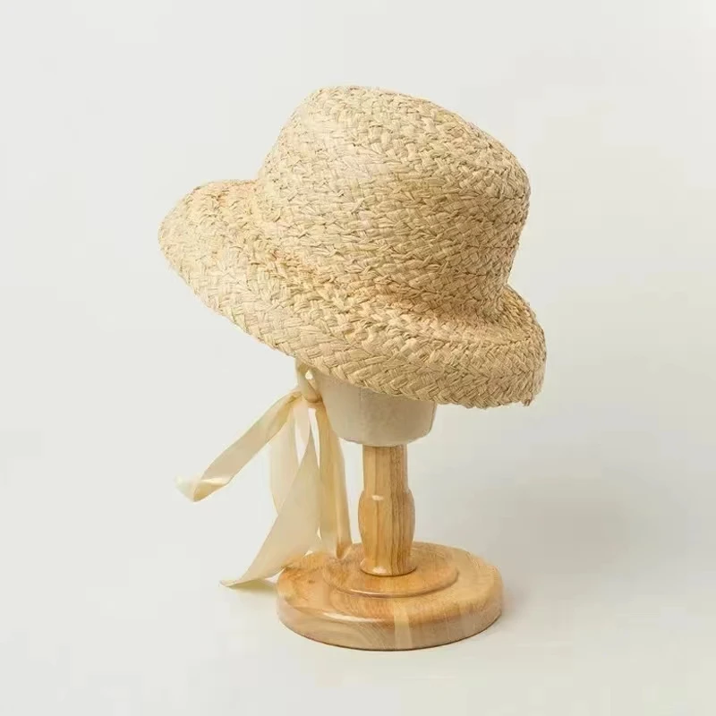 Summer Sun Hat for Big Girls Hand-knitted Raffia Retro Flat Top Sun Hats Girls Travel Sunscreen Vacation Straw Hat with Lacing