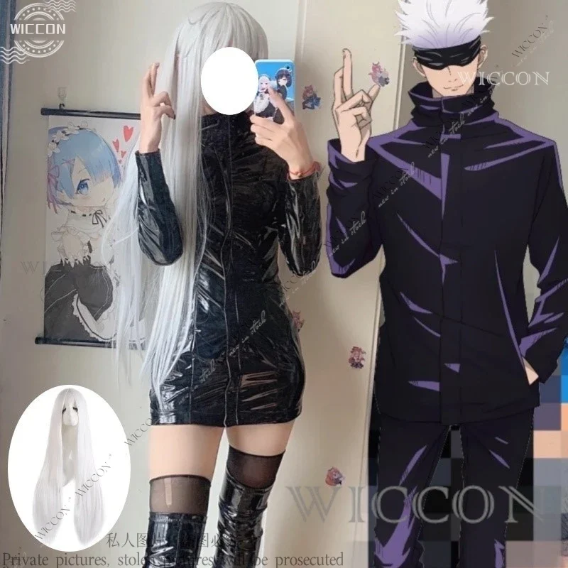 Gojo satoru cosplay traje peruca genderswap terno preto halloween anime vestido de festa para mulher meias role play sexy gojo satoru