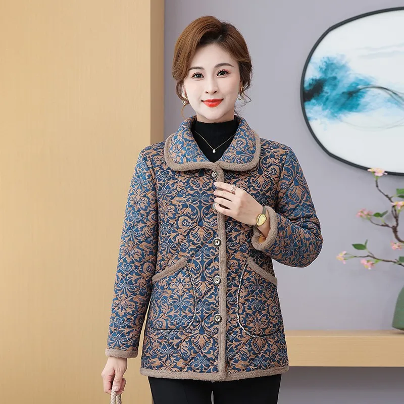 Middle-Aged And Elderly Women's Fleece Jacket Women Floral Cotton Coat Middle-Aged And Elderly Mothers Thick Winter Outerwear