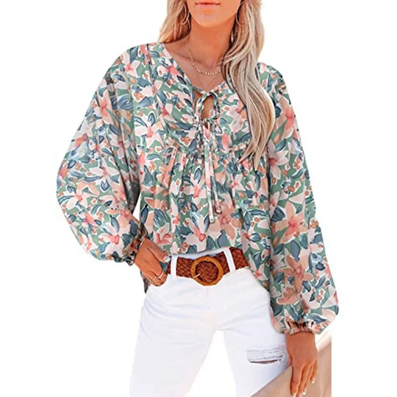 Dames Shirt Nieuwe Stijl Bloemenprint Shirt Met Veters V-Hals Casual Shirt Met Lange Mouwen En Street Shirt Voor Dames