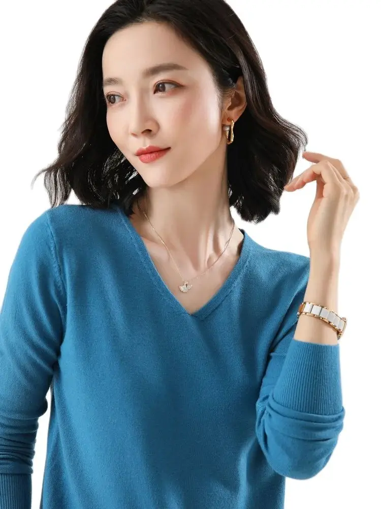 Fashion Basic  Women Merino Wool Sweater  Cashmere Pullover V-Neck Knitwear Slim Solid Collar