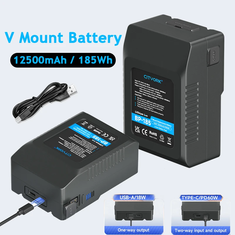 CITYORK V Mount Battery BP-185 With Fast Charge Port for Sony HDCAM,LED Light,XDCAM,DSLR BMPCC 4K,Monitor,Digital Cinema Cameras