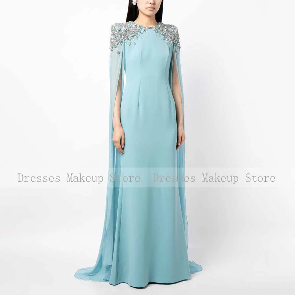 Light Sky Blue Wedding Party Dress Crystal Clock Sleeves O Neck Luxury Evening Dresses for Women Mermaid/Trumpet Evening Gowns