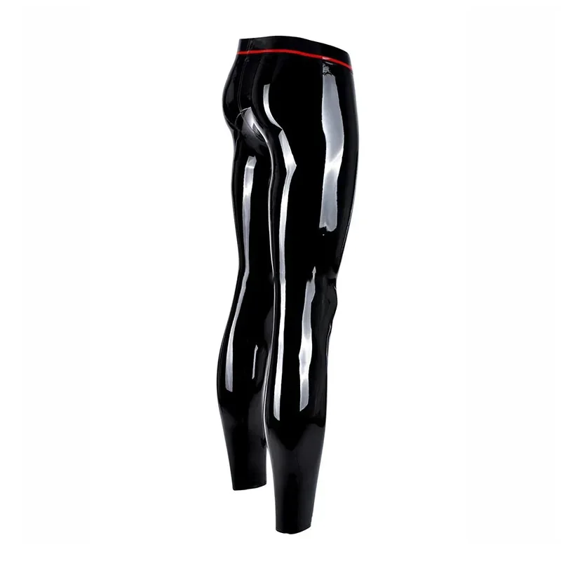 Latex Leggings Hole Ring Men Latex Trousers with Red Trim