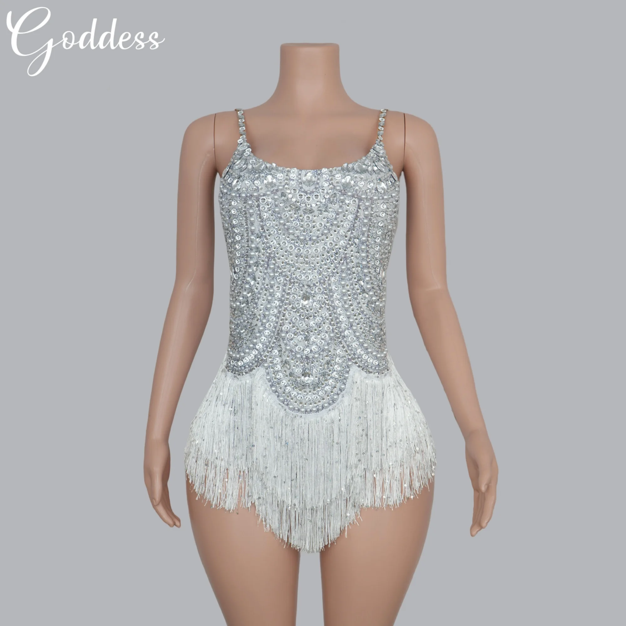 Sparkly Rhinestones Fringes Sleeveless Bodysuit for Women Stretch Dance Leotard Nightclub Singer Costume Sexy Stage Show Wear