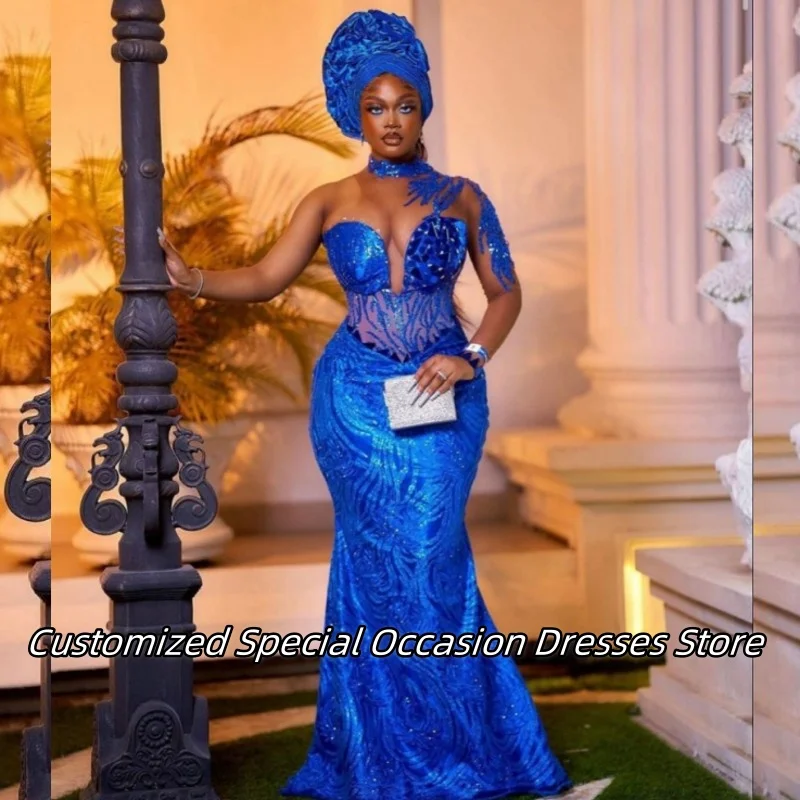 Vestidos de Noche de un hombro para mujer, color azul real, Aso Ebi, vestido largo de sirena para graduación, vestidos de fiesta de boda con taladro de cristal personalizados