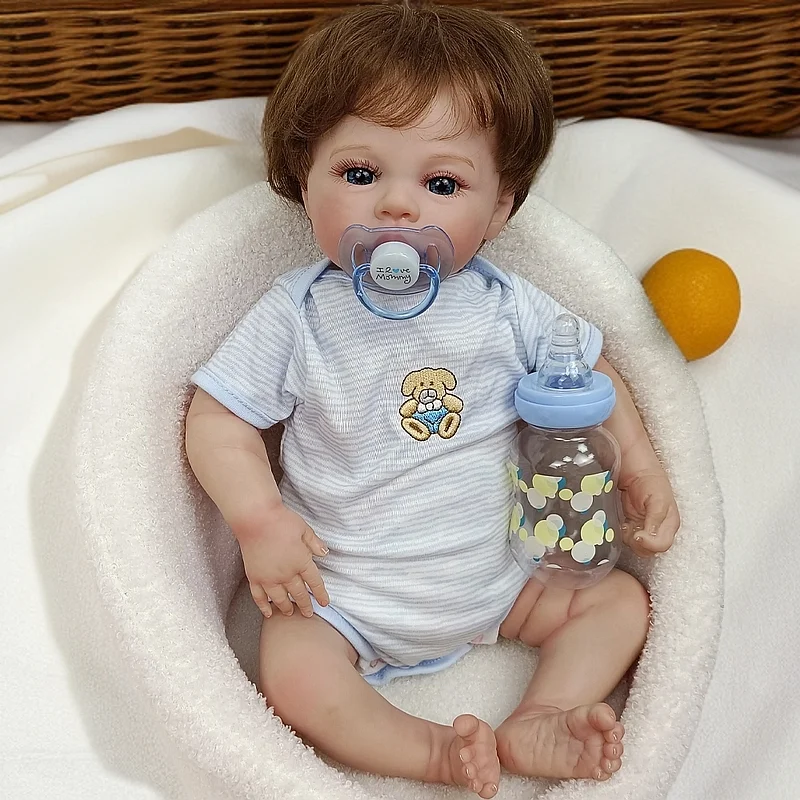 18-inch Reborn Doll | Vinyl Material, Blue Eyes & Cute Expression | Striped Cartoon Outfit, Poseable & Color Box Packaged.