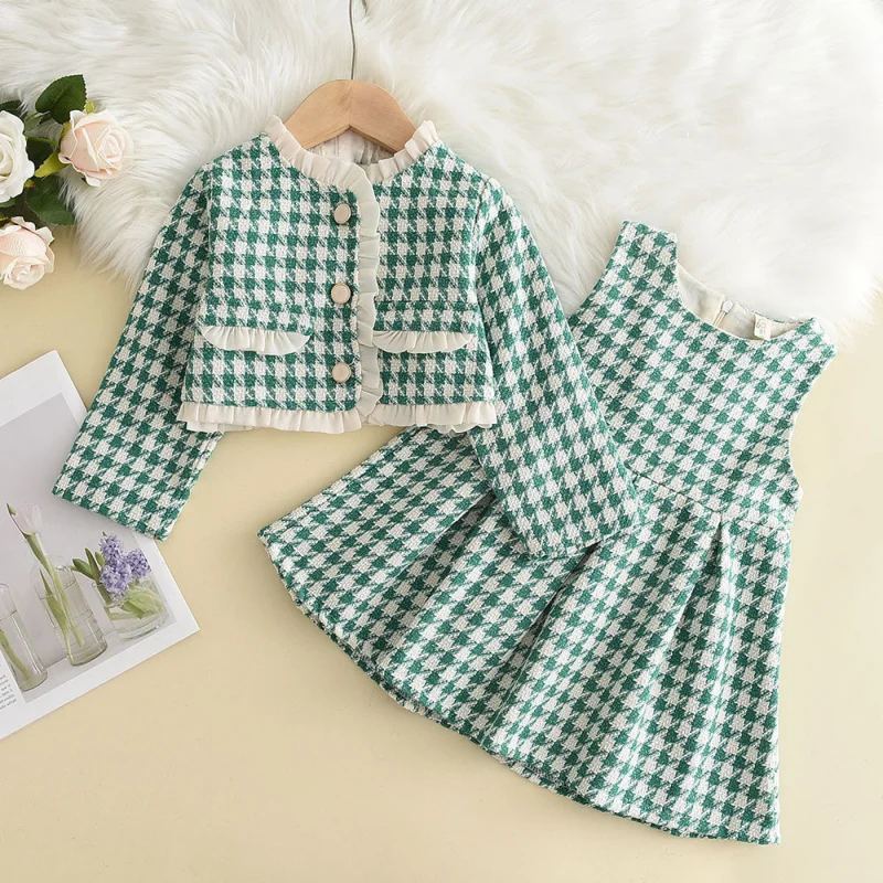 

Children's Outfit Skirt New Spring and Autumn Fashionable Girls' Houndstooth Lace Trim Jacket Vest Skirt Two-Piece Set