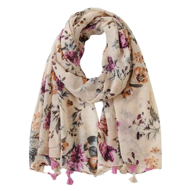 

Rural Flower Printed Scarf with Fringed Elegant Flower Neck Shawl for Ladies Sun Protective Shoulder Wrap Neck Scarf