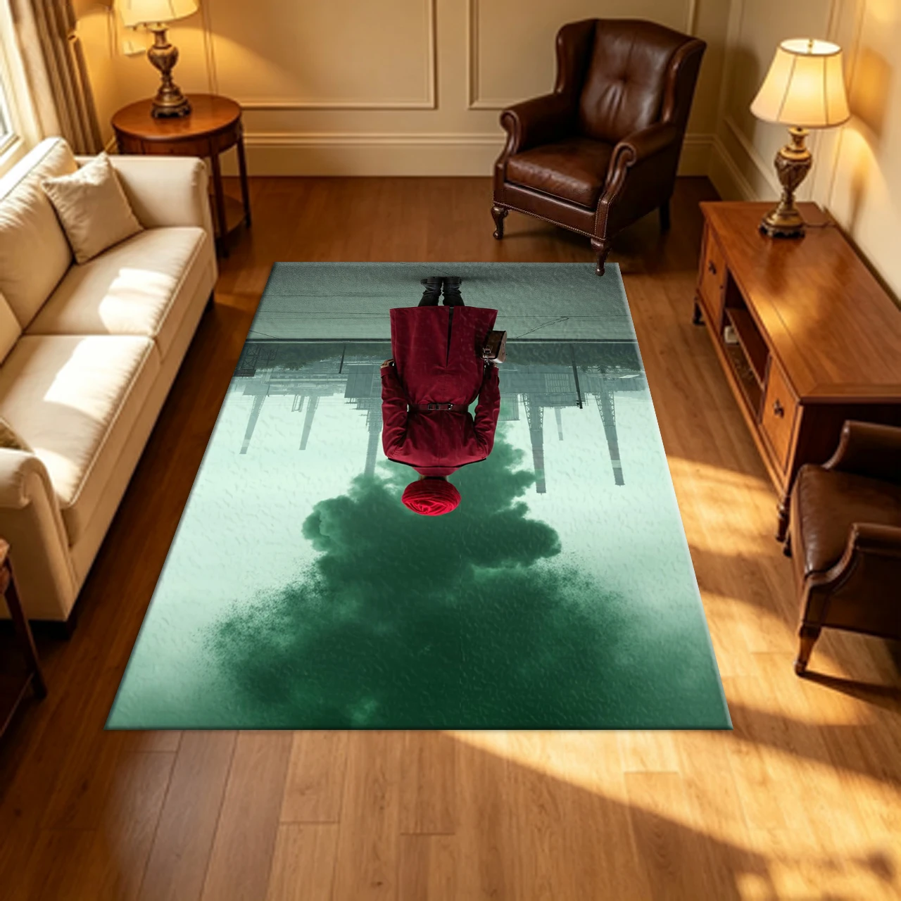 Surreal Industrial Retro Figure Art Carpet Flooring Red Outfit Factory Smoke Background Household Indoor Decor Area Rug