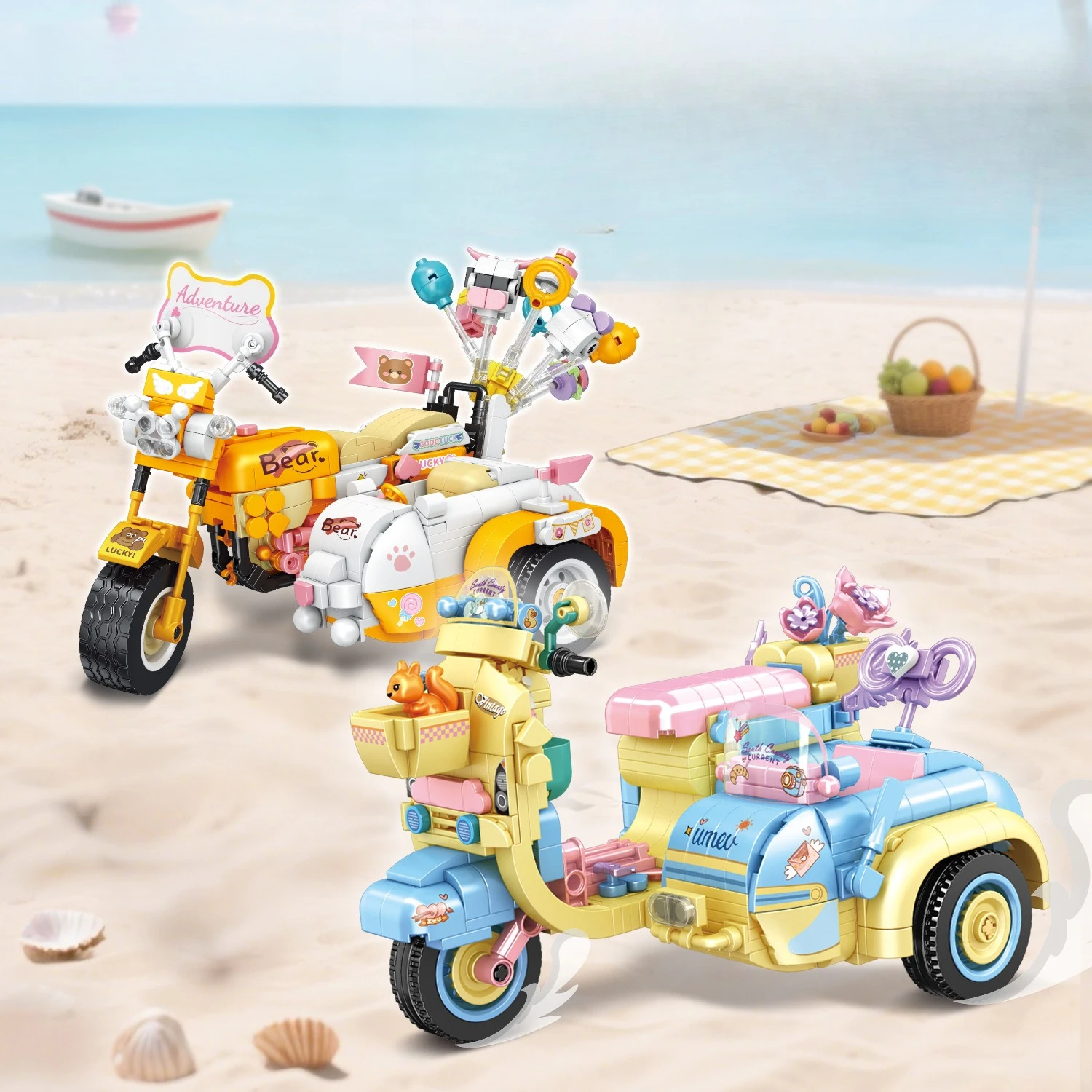 

Travel Three-wheeled Cart Model Building Blocks Creative Assembled Car Ornament Toys MOC Small Bricks Birthday Gifts