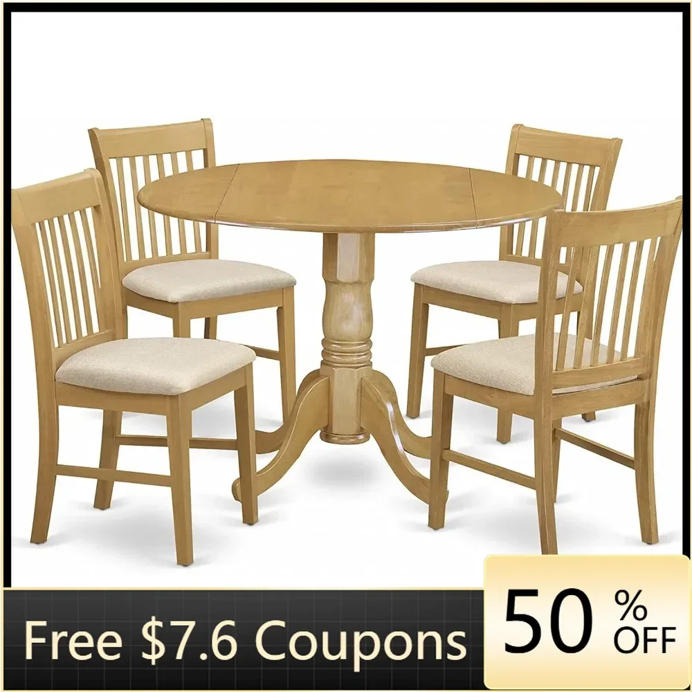 

5 Piece Kitchen Set Includes a Round Room Table With Dropleaf and 4 Linen Fabric Upholstered Dining Chairs 42x42 Inch