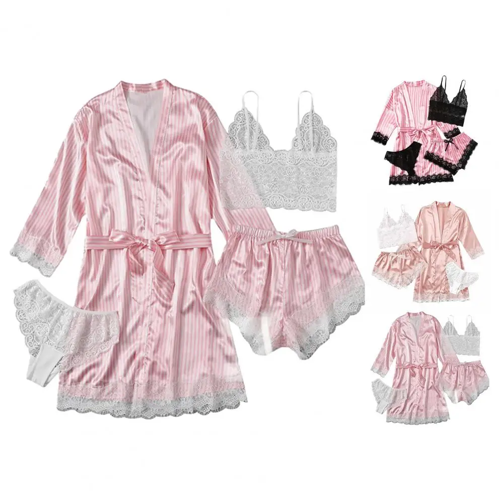 High-end Women Pajama Set Women\'s Lace Striped Satin Pajama Set with Long Sleeve Robe Vest Shorts Soft Belted Sleepwear with Bow