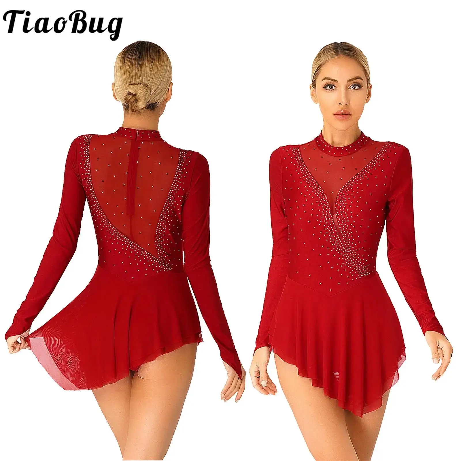 

Womens Gymnastics Figure Skating Dress Long Sleeve Rhinestone Sheer Mesh Leotard Dress Lyrical Dance Ballet Performance Costume