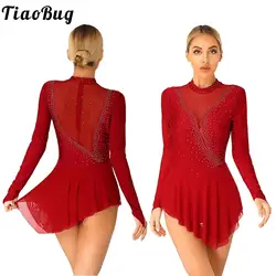 Womens Gymnastics Figure Skating Dress Long Sleeve Rhinestone Sheer Mesh Leotard Dress Lyrical Dance Ballet Performance Costume