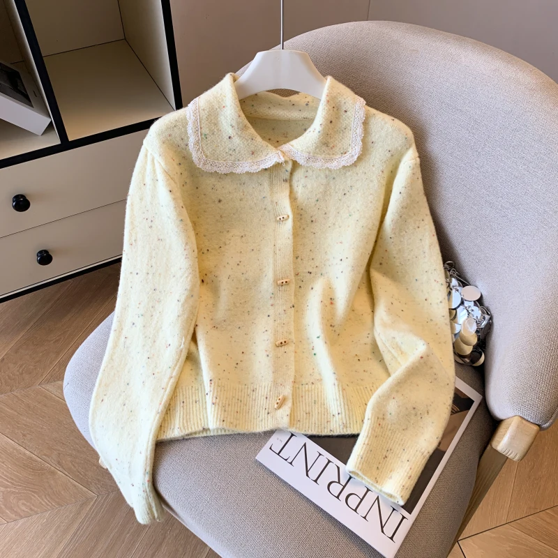 

Милый вязаный свитер для девочек с рюшами на воротнике, мягкий мех медведя, женский модный осенне-зимний теплый уютный полиэфирное волокно