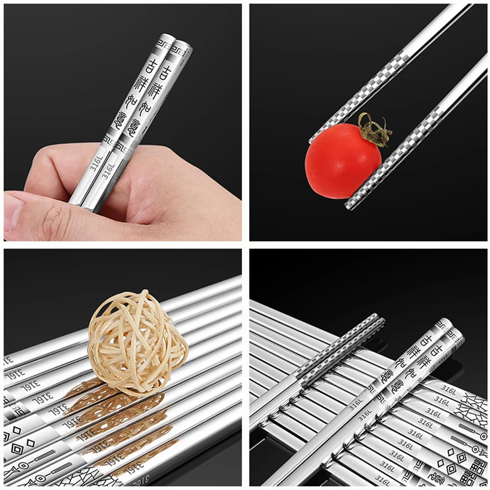 316L Stainless Steel Square Chopsticks 5PCS Set - Dishwasher Safe Anti-Bacterial Non-Slip for Daily Family Meals
