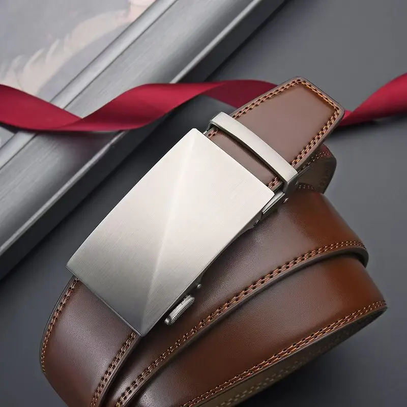 Men's Genuine Leather Belt with Metal Alloy Automatic Buckle Luxury Brand Design Waist Strap for Male