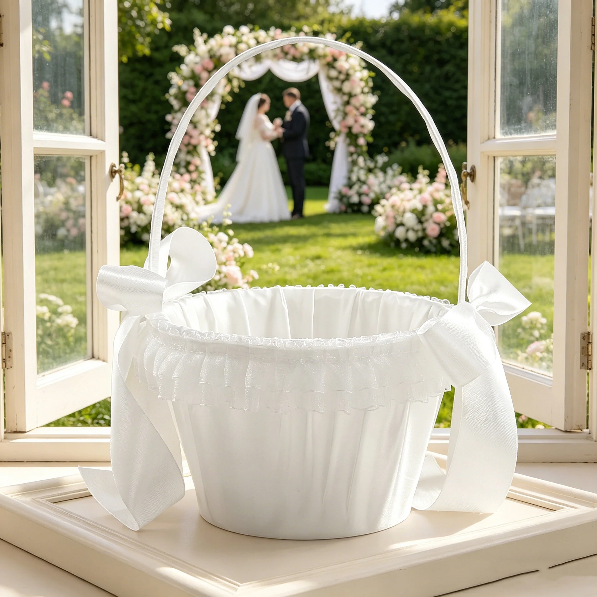 Simple solid-color wedding flower basket. The girl carries the decorative flower basket at the beautiful wedding scene.