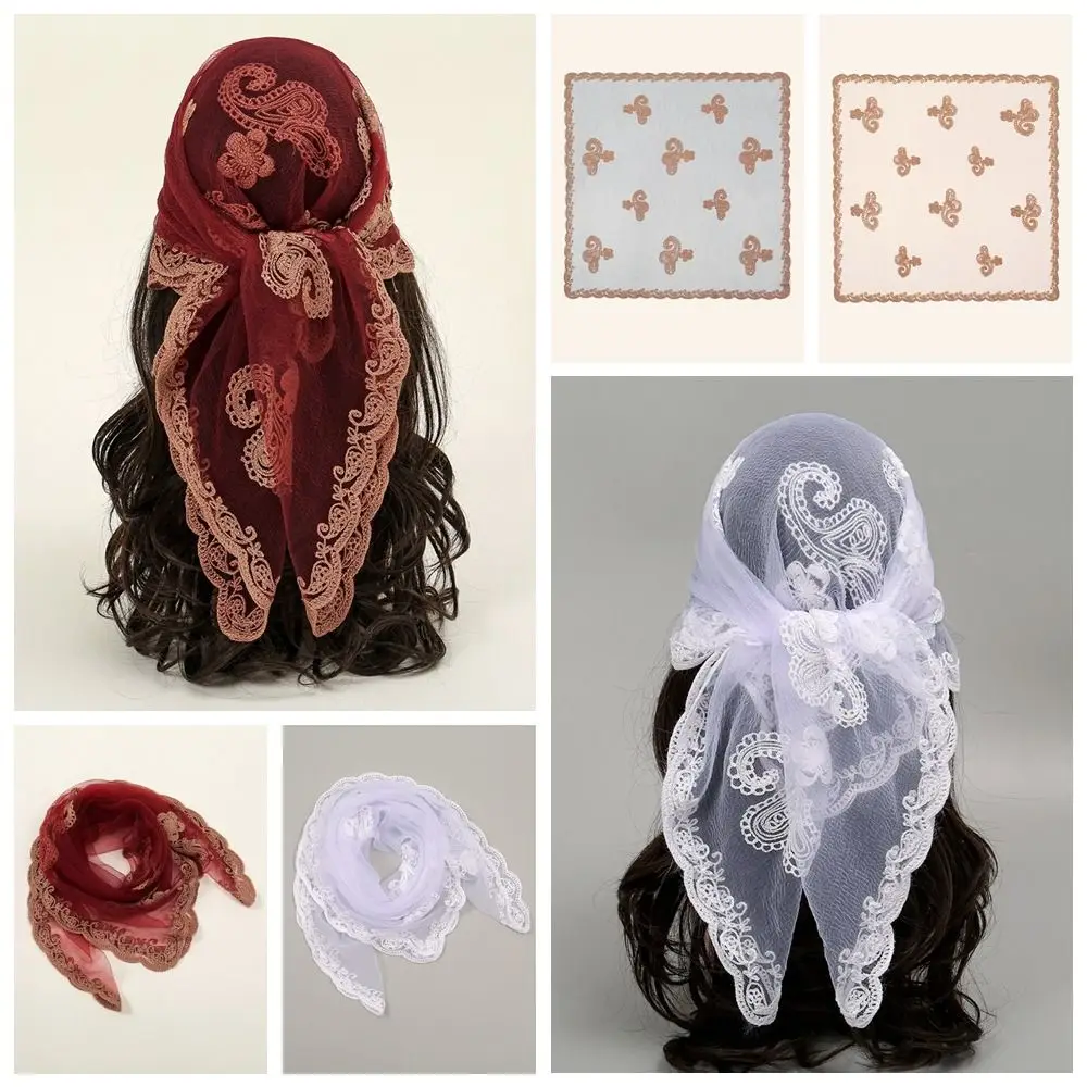 

Elegant Square Lace Scarf Embroidery Thin Hair Scarf Headband Vintage Hollow Out Lace Handkerchiefs Women