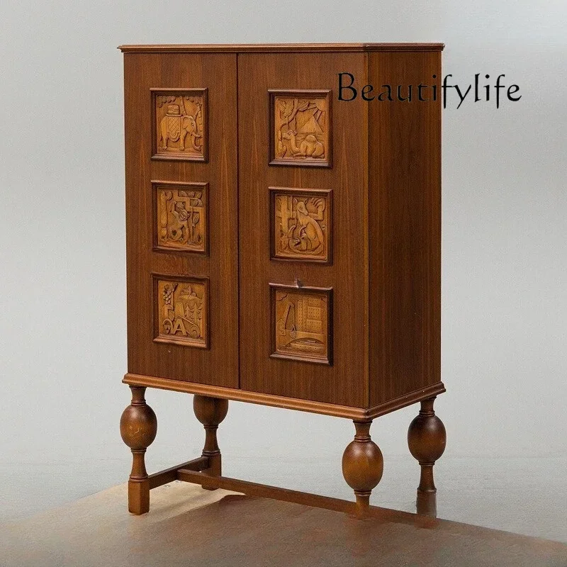 

T10 American Retro Solid Wood Club Medieval All Solid Wood Dining Side Cabinet Storage Ash Wood Teak Color Door Cabinet