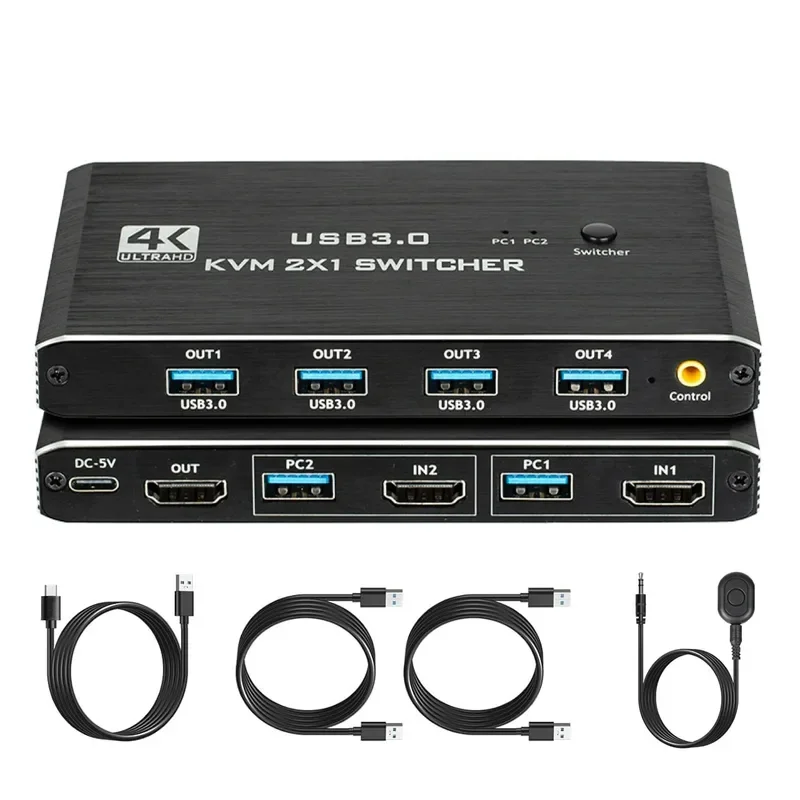 USB 3.0 4K@60Hz HDMI-compatible KVM 2x1 Switch with Remote for 2 Computers Share 1 Monitor/Keybord/Mouse/Printer(4 USB Devices)