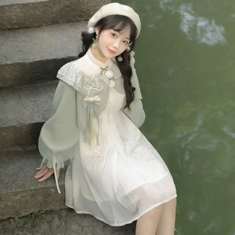 Hochwertige verbesserte chinesische Art weiße Perle Dekoration kurze Cheong sam Kleid grünen Mantel Frauen süßes Mädchen Lolita Kleid Anzug