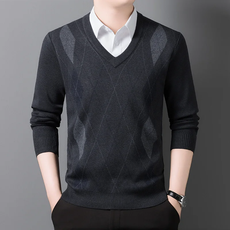 Men V Neck Sweater Middle Aged Loose Thickened Warm Top Base Layer Autumn Winter New Style Knitted Shirt