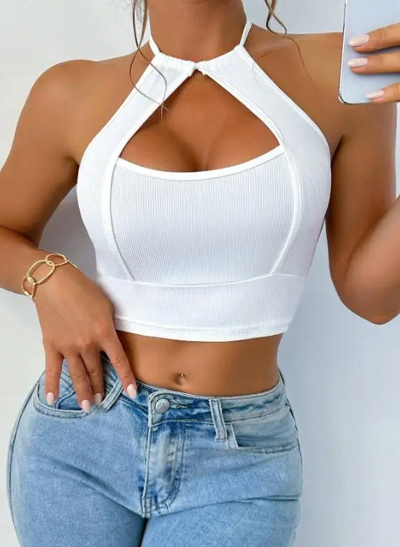 

Sexy Women's Vest Summer New European and American Spicy Girl Fashionable Hollow Neckline Design Backless Hanging Neck Vest