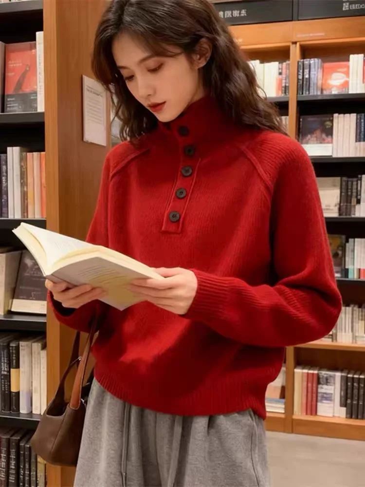 100% suéter de lana pura para mujer 2025 Otoño/Invierno nuevo jersey de punto de cuello alto moda coreana Top suelto suéter suave y cómodo