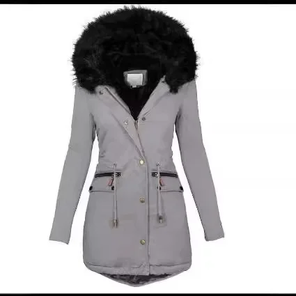 

NEW Autumn Winter Solid Color Fur Collar Hooded New Slim Thin Women's Clothing Zipper Jacket Coat Parka