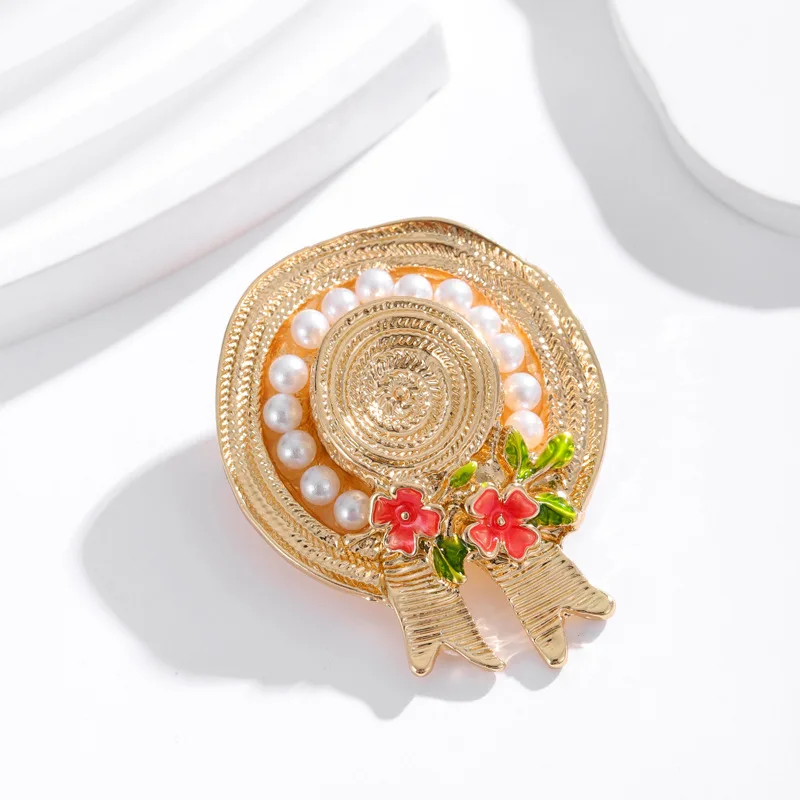 Vintage Straw Hat Shape Brooch Pearl Enamel Flower Bow Lapel Pin Women Jewelry