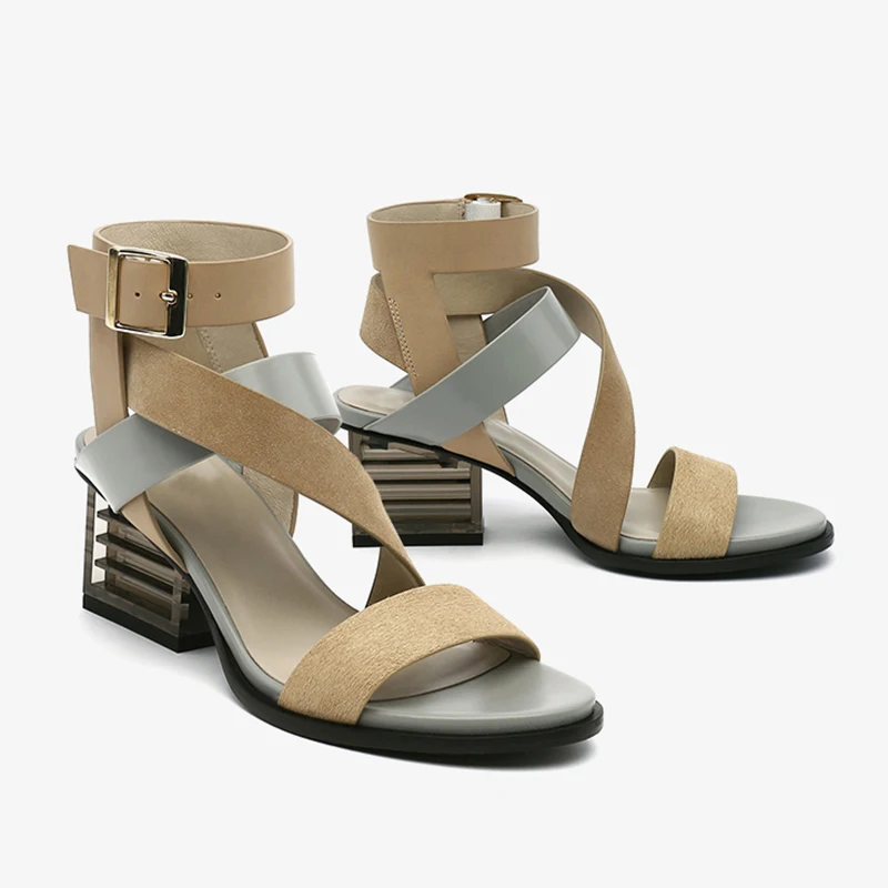 2022 New Gladiator Sandals Women Mixed Color Cross Strap Transparent Square Heel Genuine Leather Narrow Band Shoes Women Sandals