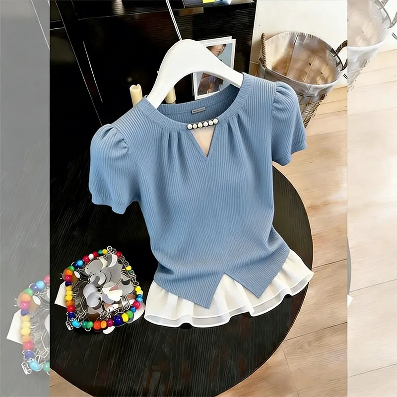 

Elegant Summer New Style Women's Shirt Hollow out Commute Color Block Versatile Fashionable Top Gentle Style Bubble Sleeve