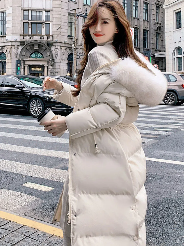 Winter Women Long Puffer Jacket 90% White Duck Down Coat Large Natural Fox Fur Hooded Female Feather Parkas