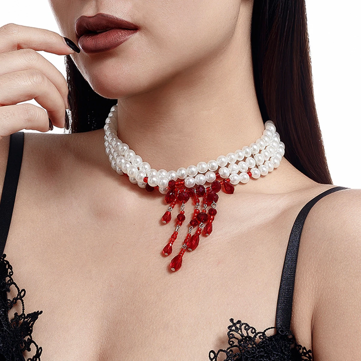 Gothic Chic Blood Crystal Bead Tassel Pendant Necklace Dark Series Y2K Imitation Pearl Choker Women's Halloween Party Jewelry